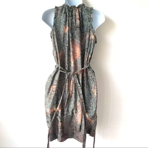 RUTZOU DANISH DESIGNER SILK DRESS MOSS/ PEACH - Picture 3 of 8